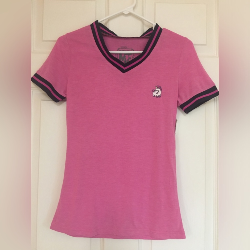 Women's XS Despicable Me Minion Mayhem PINK TSHIRT V Neck FLUFFY UNICORN Ringer